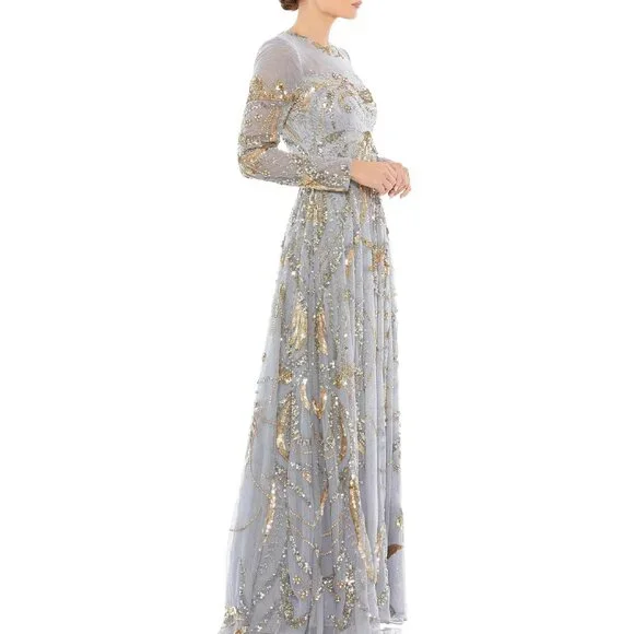 NWT Mac Duggal PLATINUM GOLD LONG SLEEVE‎ EMBELLISHED ILLUSION GOWN… - Picture 2 of 12